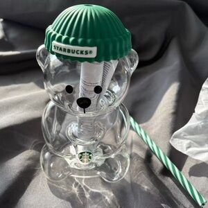 Starbucks Bearista Clear Cup with Green Hat and Straw